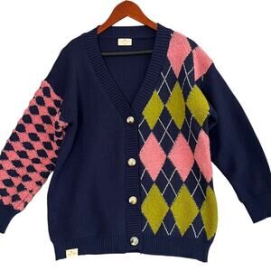 Simply Southern Argyle Cardigan Sweater Women Small Blue Pink Clueless Prep